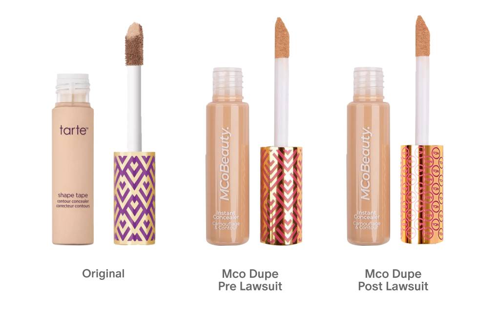 Four concealer tubes displayed side by side: Tarte Shape Tape, McoBeauty Instant Concealer Pre Lawsuit, and McoBeauty Instant Concealer Post Lawsuit.