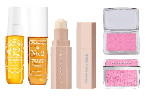 A collection of beauty products including hair and body oils, a makeup stick, and blush, featuring brands like Fenty Beauty and Dior.