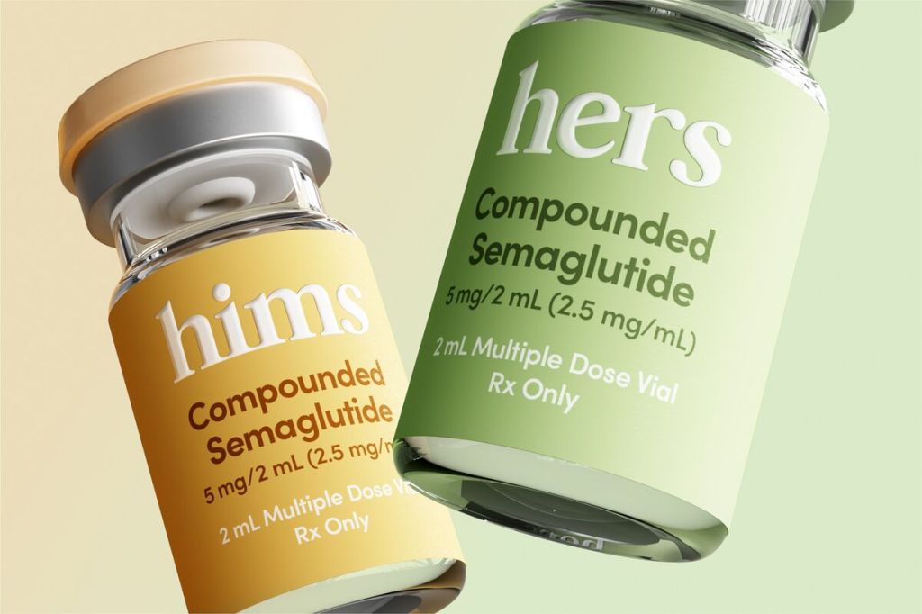 Two vials of compounded semaglutide from the brands hims and hers, with labels indicating dosage and instructions.